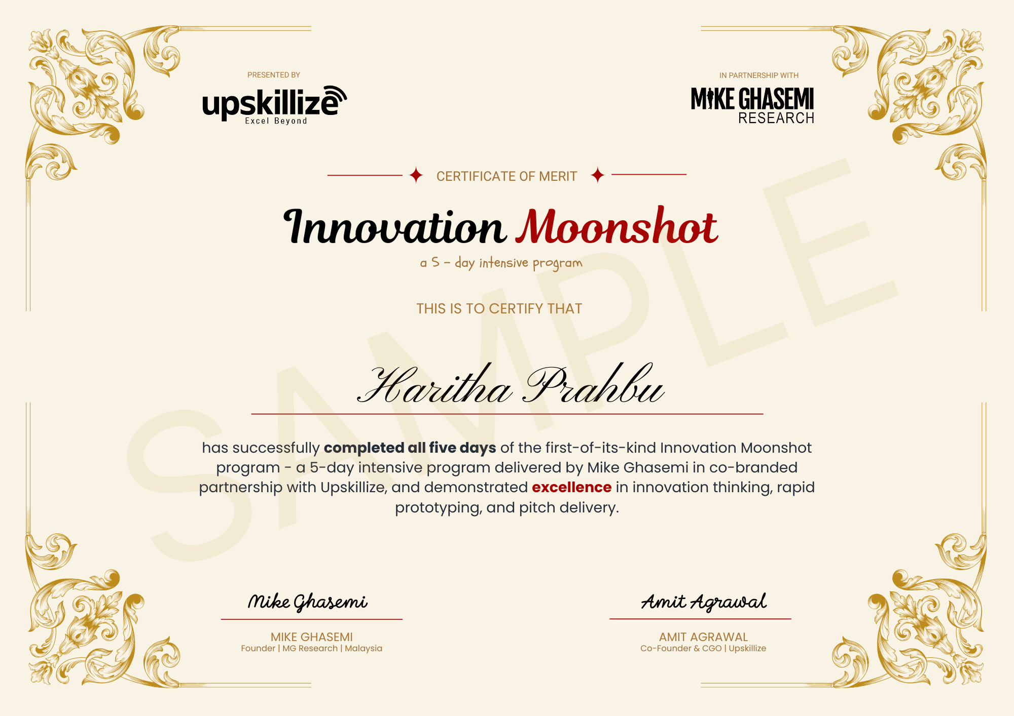 Innovation Moonshot Certificate — Sample, co-branded by Upskillize and MG Research, digitally signed by Mike Ghasemi and Amit Agrawal